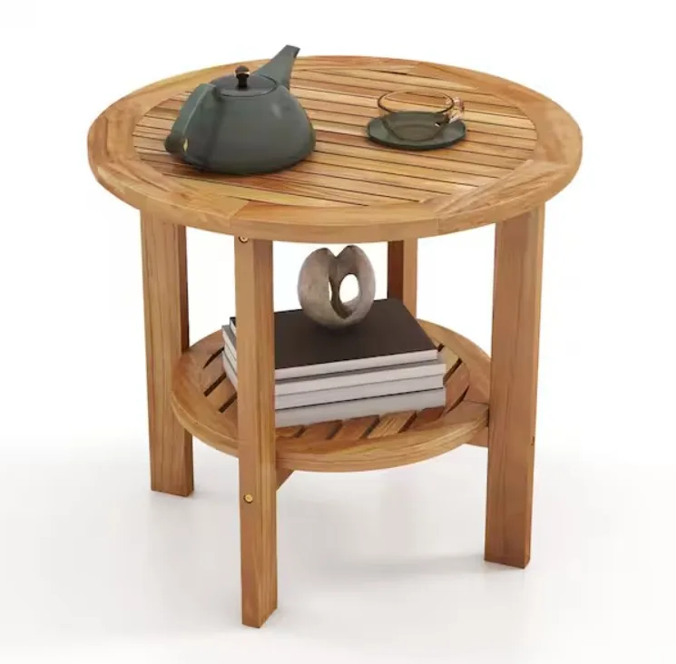 Gymax Teak Wood 2 Tier Side Table With Slated Top