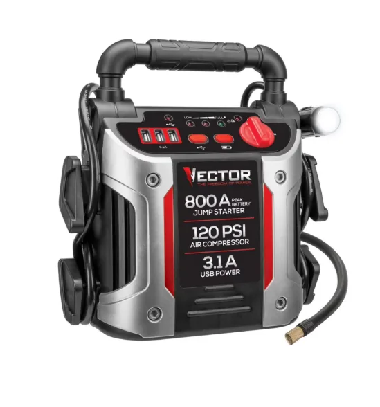 Vector: 800 Peak Amp Automotive Jump Starter With Triple 15w Usb Ports & 120 Psi Air Compressor