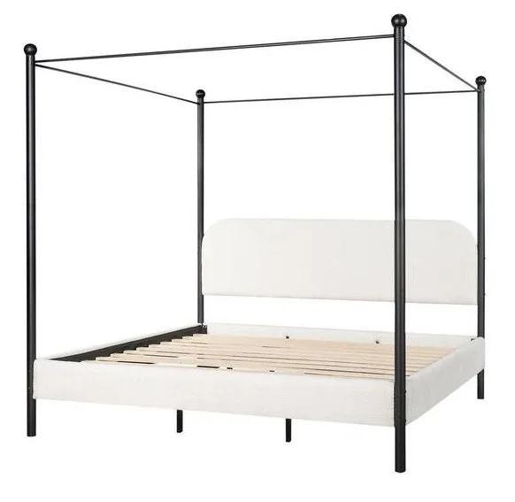 Christopher Knight Home Zenton Modern Metal Frame Platform Canopy Bed With White Boucle Upholstered Headboard